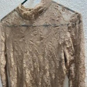 Forever 21 Medium Beige Lace Long Sleeve Turtleneck Top